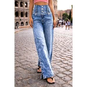 Casual High Waist Wide Leg Denim Jeans Button Down Calf Light Blue 12